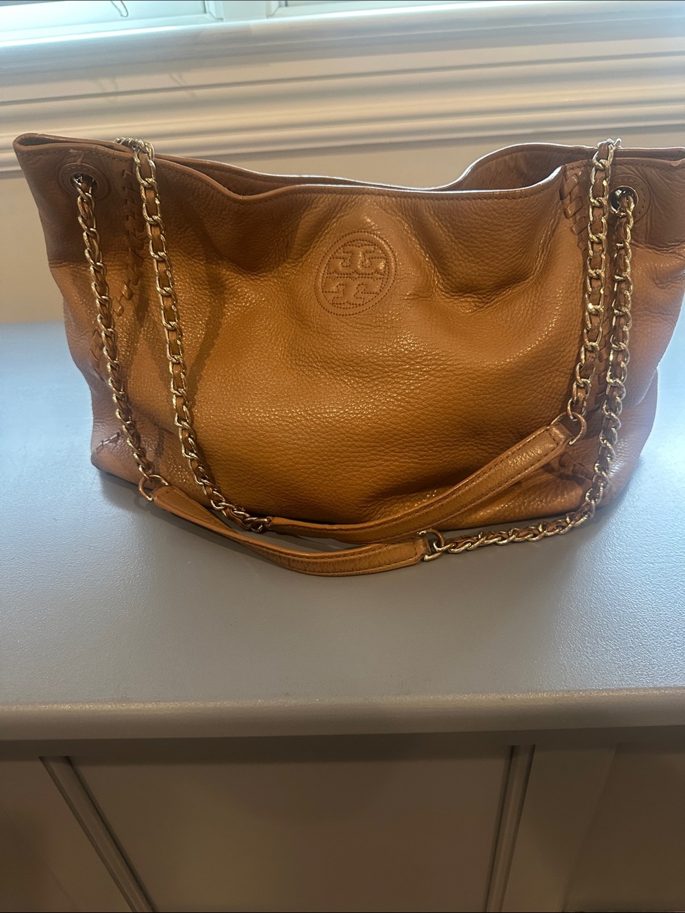 Tory Burch Cognac Pebbled Leather Shoulder Bag with Gold Chain